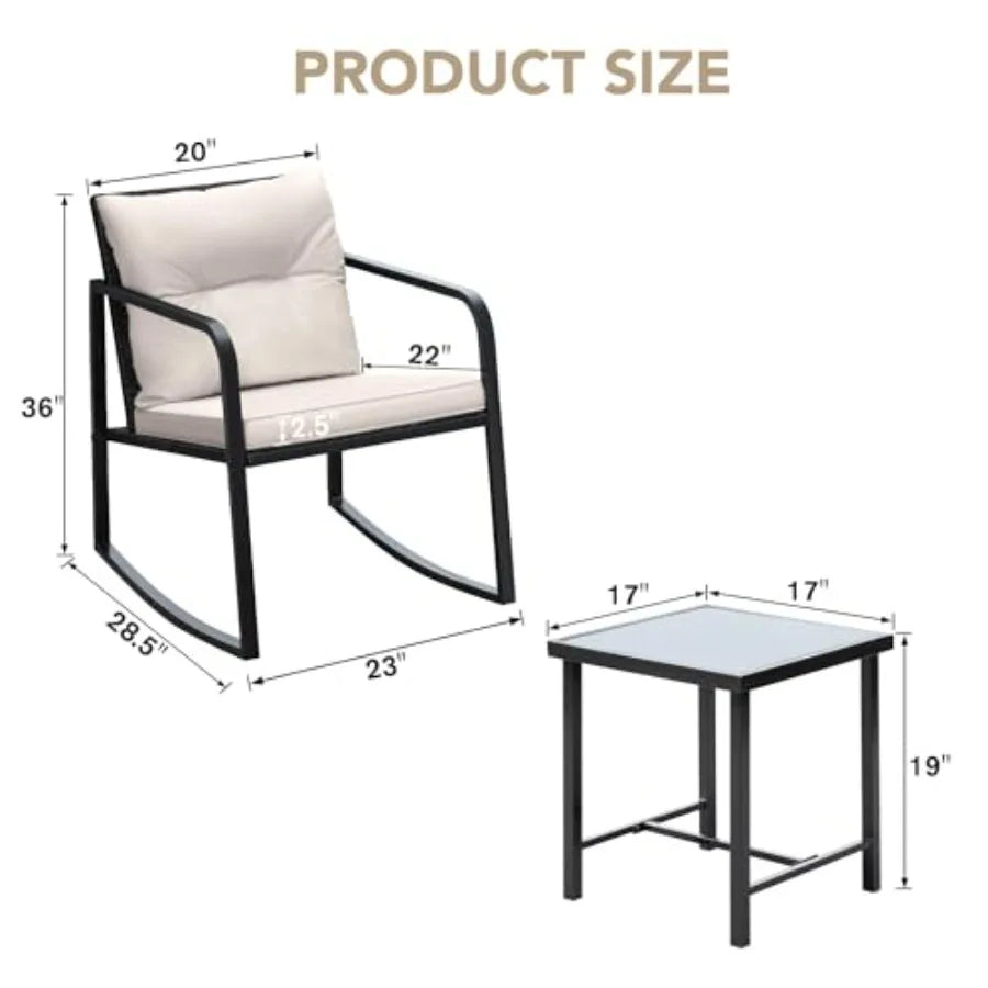 3 Piece Rocking Bistro Set for Patio, Porch Outdoor Use: Wicker Chairs + Glass Coffee Table, Beige, Weather-Resistant Comfortab