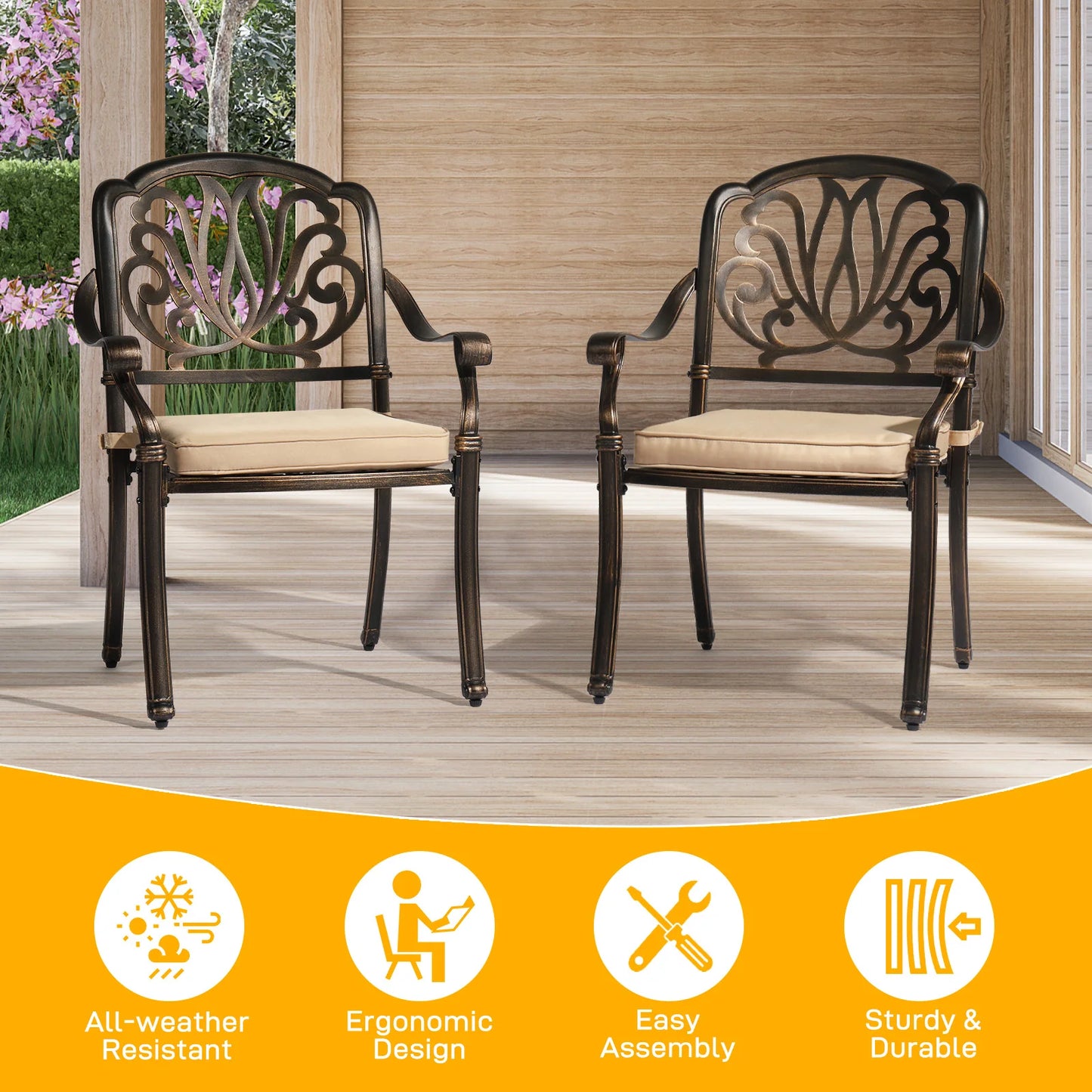 Set of 2 Cast Aluminum Patio Dining Chairs with Cushions, Stackable Outdoor Bistro Chairs for Balcony Backyard Antique Bronze