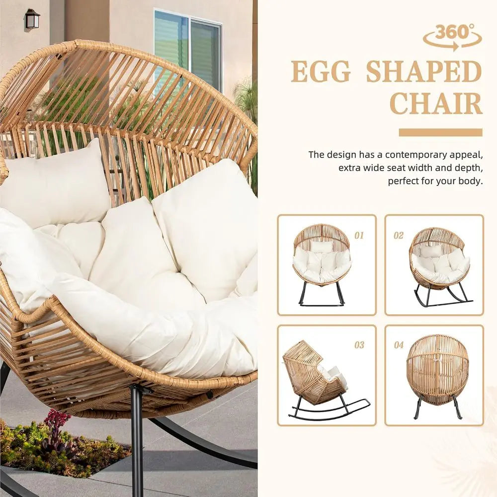 Wicker Rocking Egg Chair PE Rattan with Cushion, Oversized Patio Lounge Rocker Chair or Outdoor, Indoor, Livingroom, Backyard, G