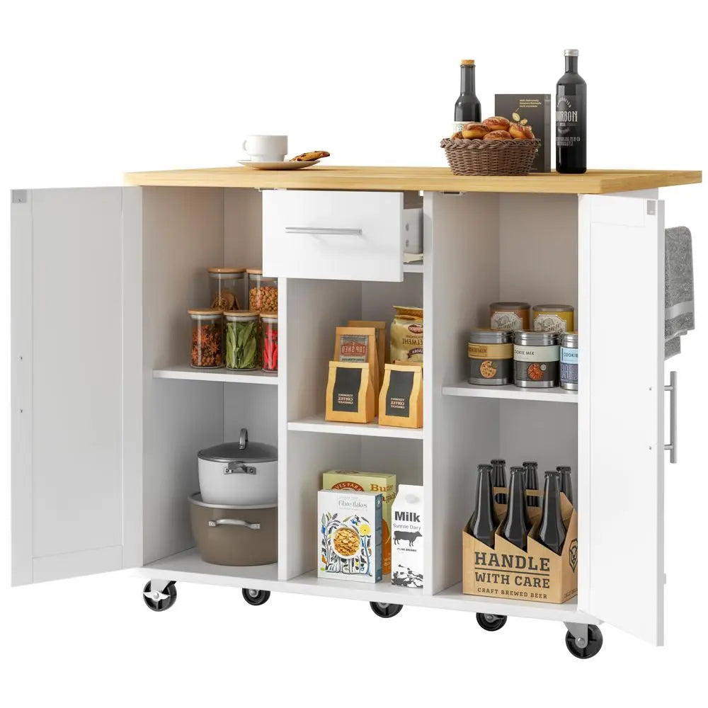 QAQA 42 Kitchen Island with Storage on Wheels, Rolling Table with Drop Leaf, Drawers, Cart Handle for Towel Rack or Free Moveme