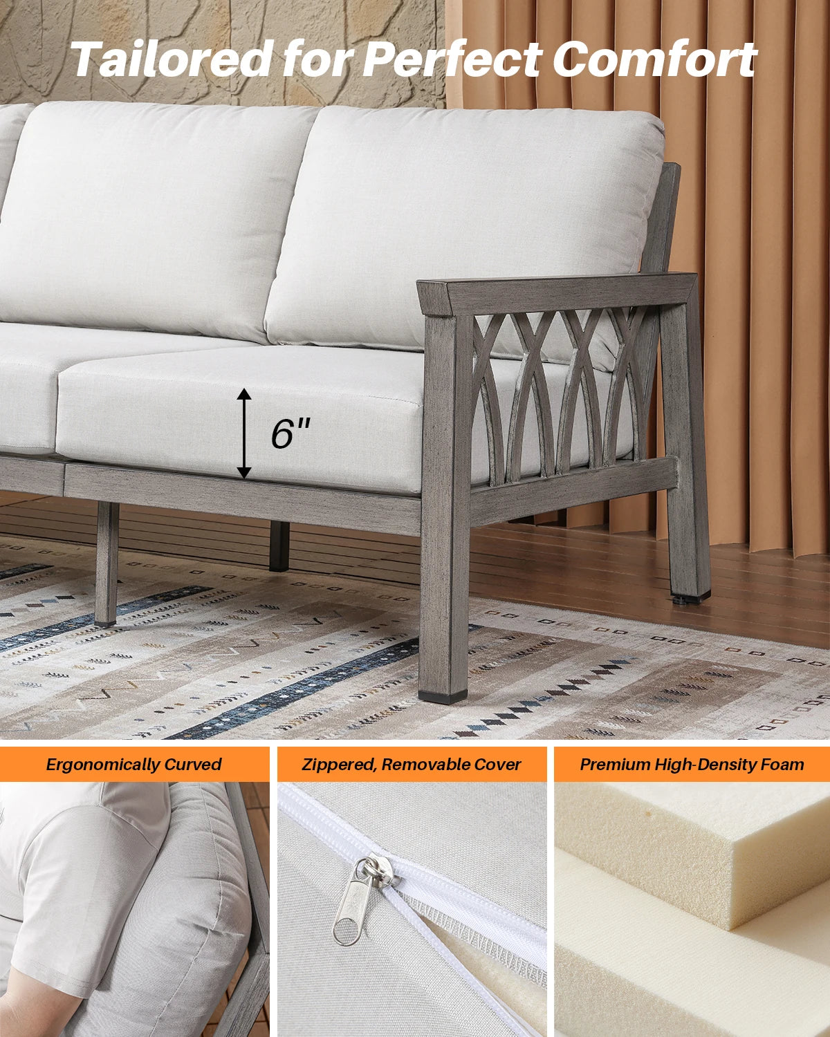 SeeHill Aluminum 3-Seat Outdoor Sofa, Modern Patio Couch with Weather-Resistant Cushions for Garden Deck