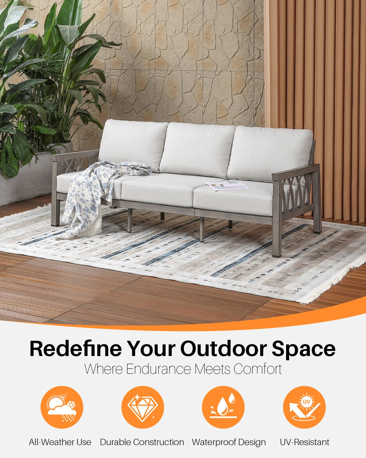 SeeHill Aluminum 3-Seat Outdoor Sofa, Modern Patio Couch with Weather-Resistant Cushions for Garden Deck