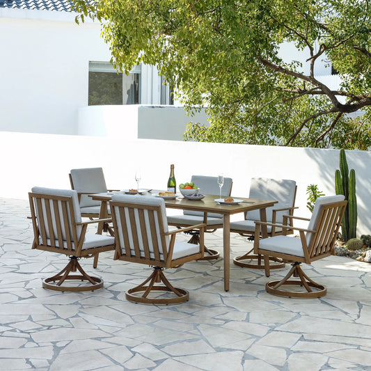 Seehill 7 Pieces Outdoor Furniture Sets, Aluminum Outdoor Dining Table Set with 6 Swivel Chairs for Deck, Pool, Yard, Teak