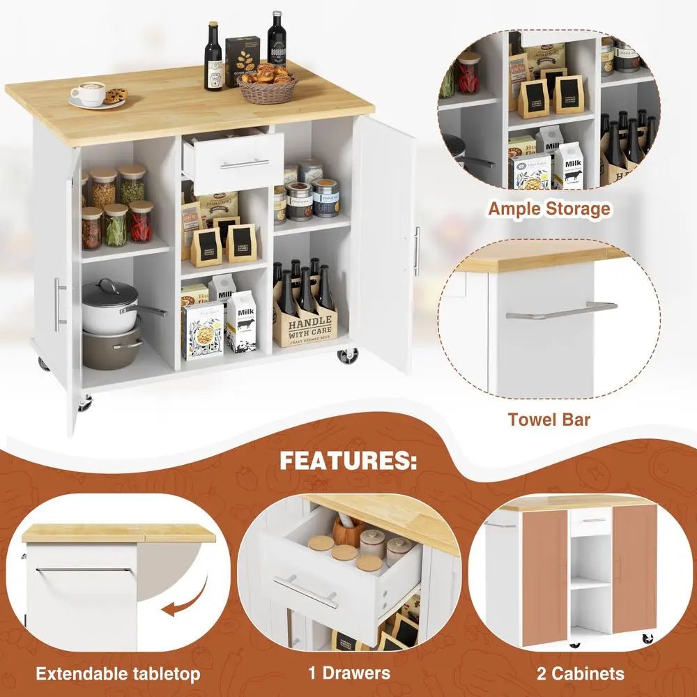 QAQA 42 Kitchen Island with Storage on Wheels, Rolling Table with Drop Leaf, Drawers, Cart Handle for Towel Rack or Free Moveme