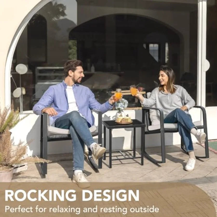 3 Piece Rocking Bistro Set for Patio, Porch Outdoor Use: Wicker Chairs + Glass Coffee Table, Beige, Weather-Resistant Comfortab