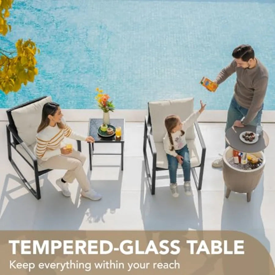 3 Piece Rocking Bistro Set for Patio, Porch Outdoor Use: Wicker Chairs + Glass Coffee Table, Beige, Weather-Resistant Comfortab