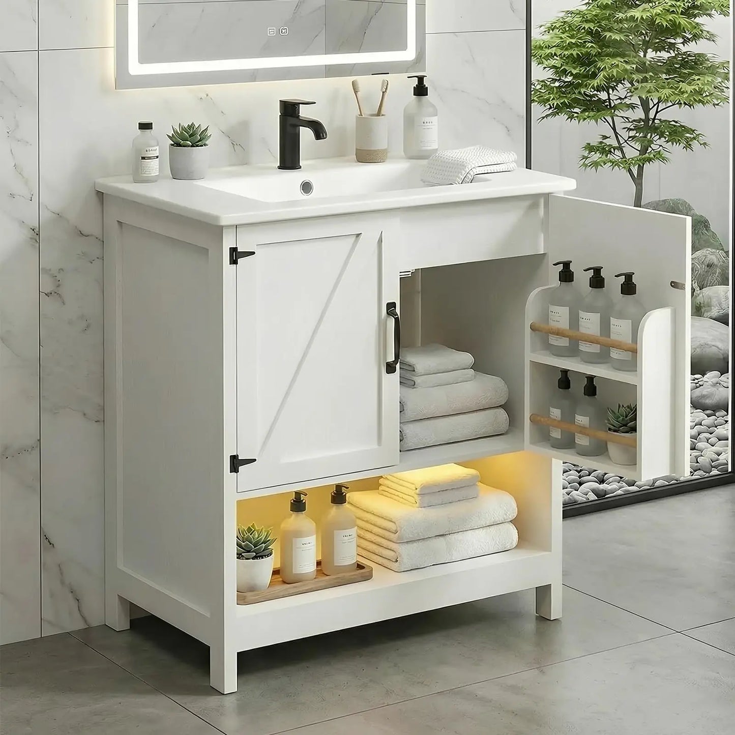 30" Bathroom Vanity with Sink, White Freestanding Vanity for Small Bathrooms, Solid Metal Hinges, Door Organizer, RGB LED Light