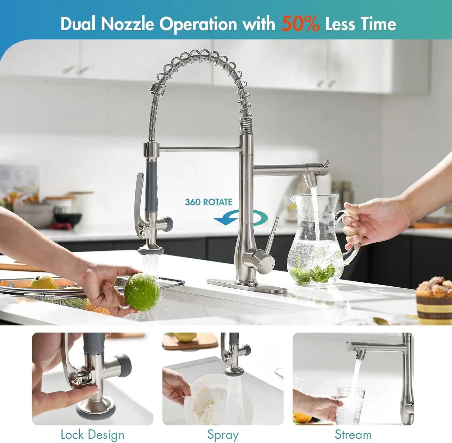 Pull Down Kitchen Faucet with Dual Spray Modes, Brushed Nickel, High Pressure, Single Handle, 360° Rotation, Stainless Steel