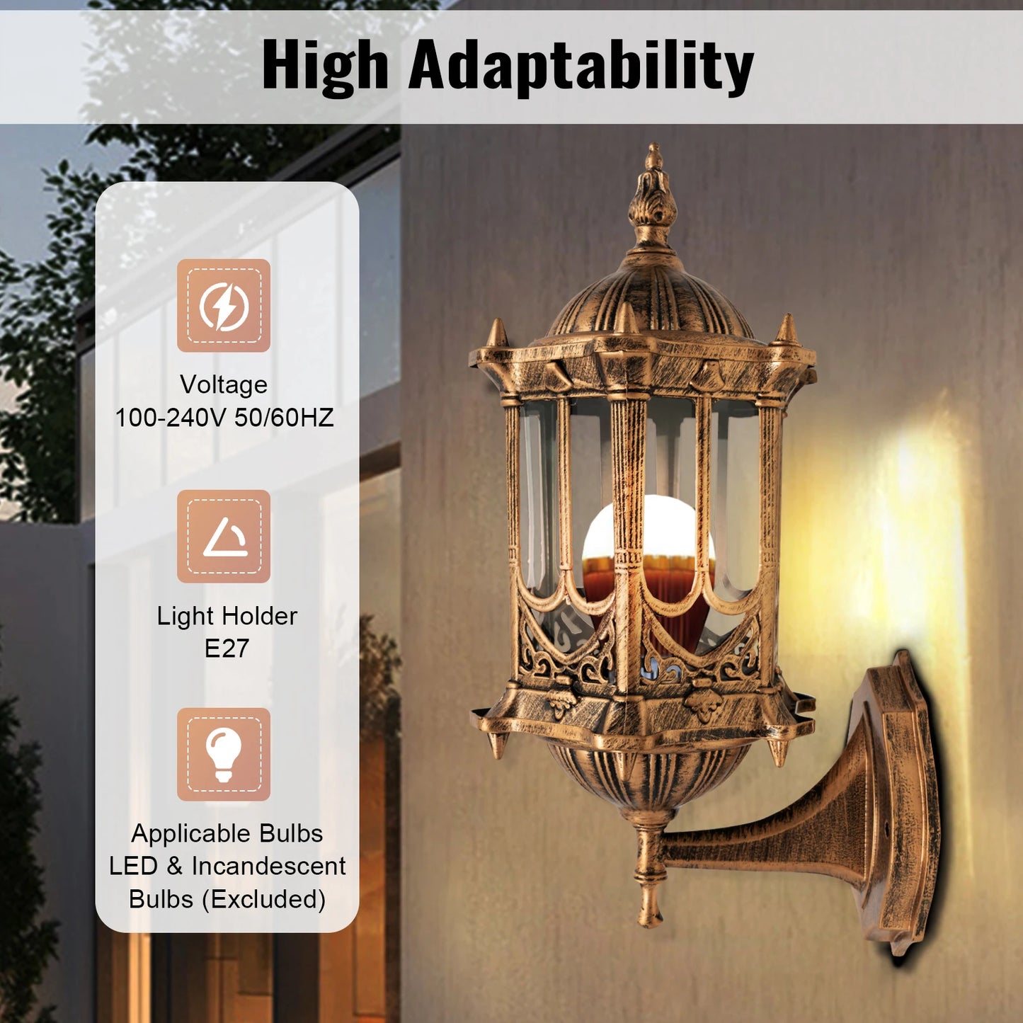 Outdoor Wall Light Fixtures Brass Exterior Wall Lantern Waterproof Sconce Porch Garden Lights E27 Wall Mount for Entryways Yards