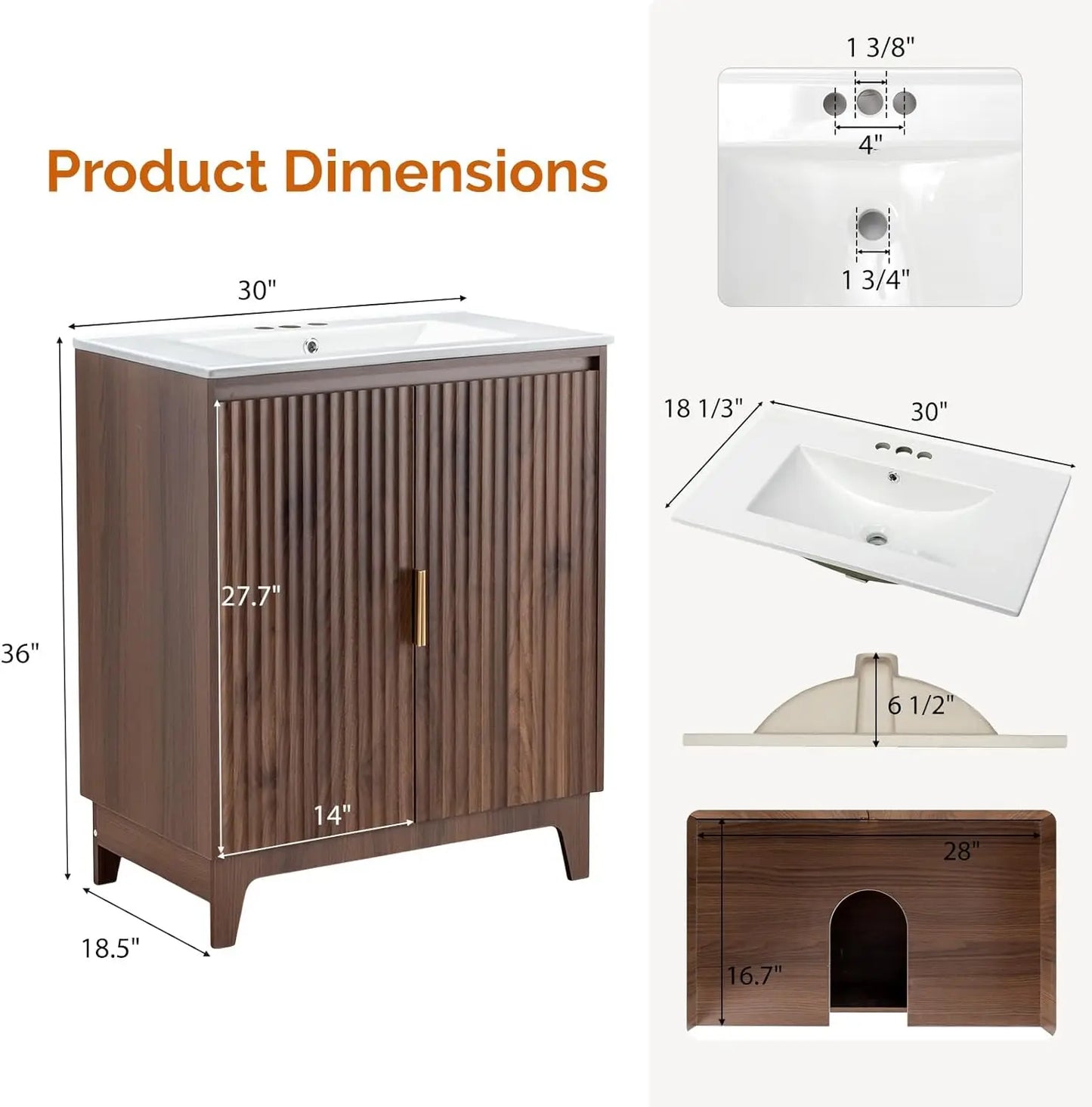 30 Inch Bathroom Vanity with Sink, Mid-Century ModernVanity with Ceramic Basin and Fluted Soft-Close Doors,U-Shape Storage Shelf