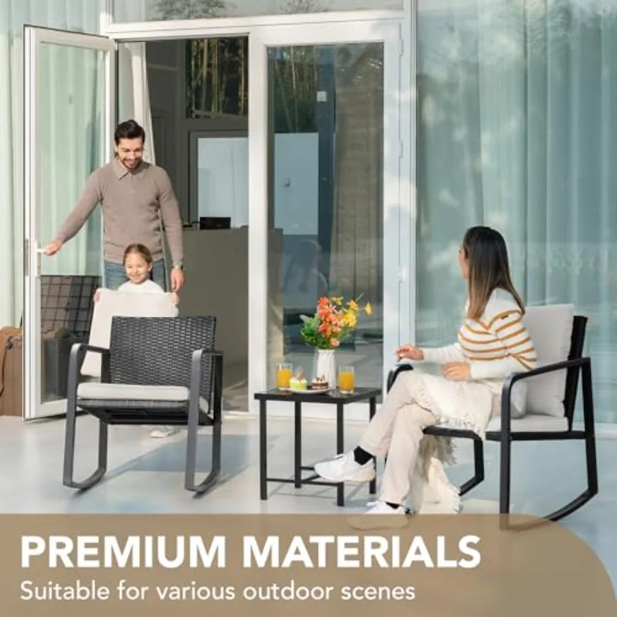 3 Piece Rocking Bistro Set for Patio, Porch Outdoor Use: Wicker Chairs + Glass Coffee Table, Beige, Weather-Resistant Comfortab