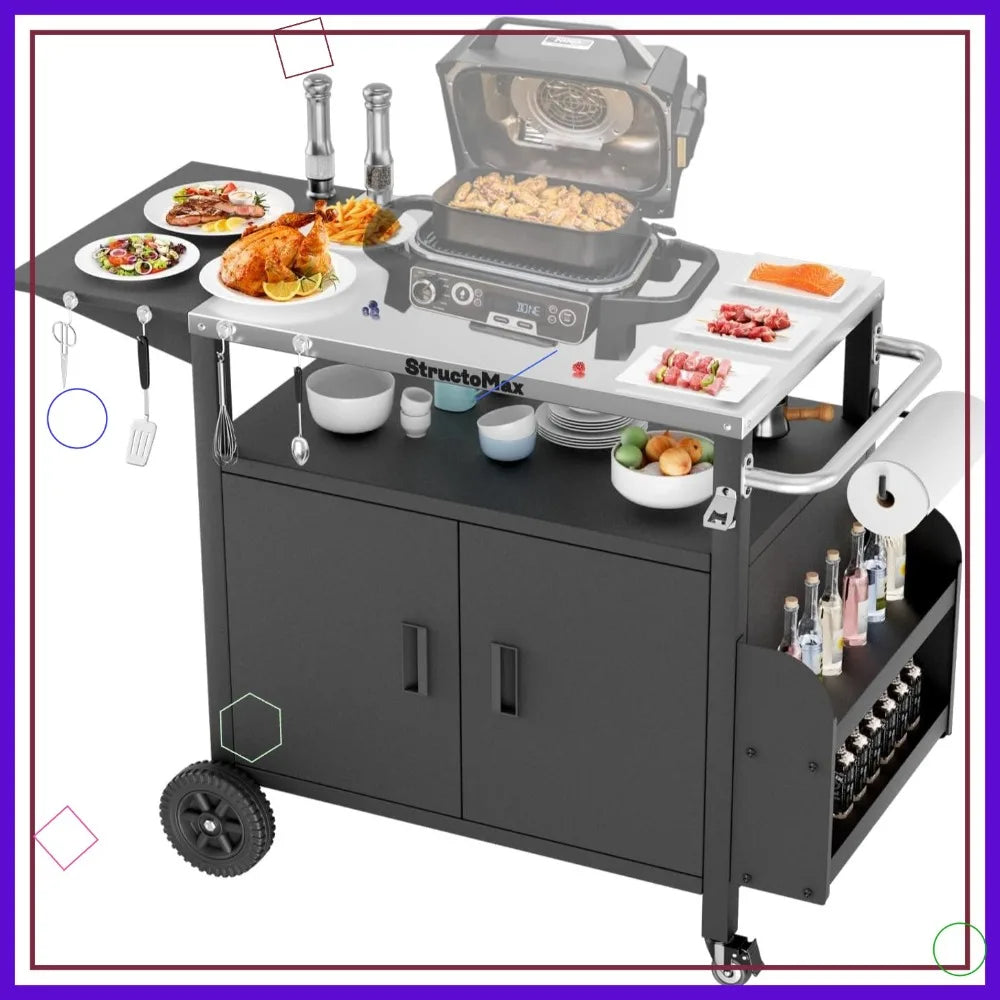 XL Outdoor Grill Cart with Cabinet, Stainless Steel Table Top, Spice Rack & Lockable Wheels for BBQ Cooking Prep