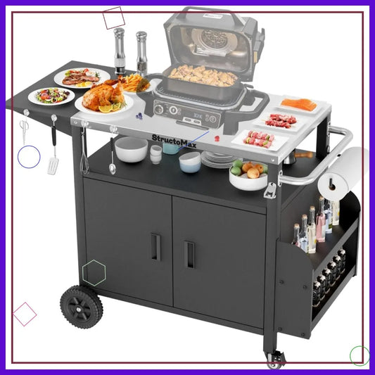 XL Outdoor Grill Cart with Cabinet, Stainless Steel Table Top, Spice Rack & Lockable Wheels for BBQ Cooking Prep