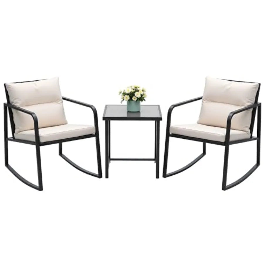 3 Piece Rocking Bistro Set for Patio, Porch Outdoor Use: Wicker Chairs + Glass Coffee Table, Beige, Weather-Resistant Comfortab