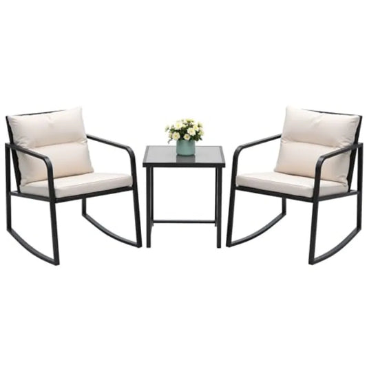 3 Piece Rocking Bistro Set for Patio, Porch Outdoor Use: Wicker Chairs + Glass Coffee Table, Beige, Weather-Resistant Comfortab