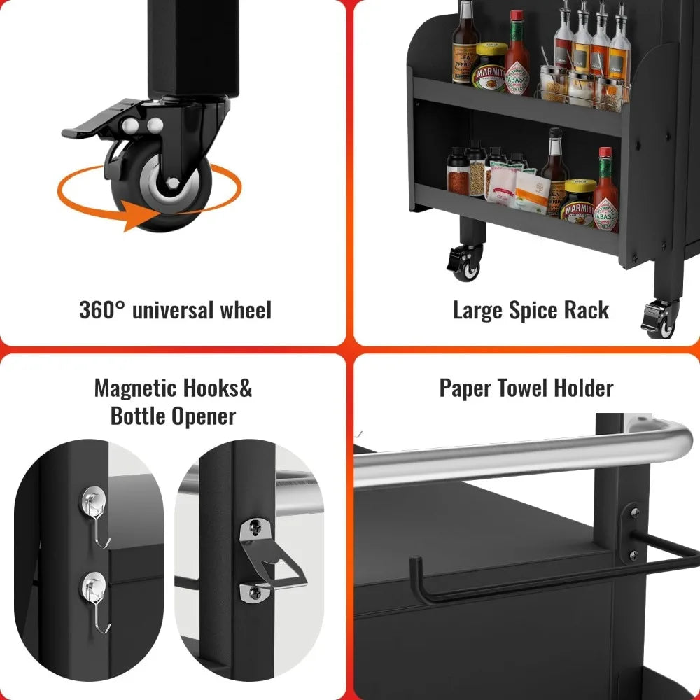XL Outdoor Grill Cart with Cabinet, Stainless Steel Table Top, Spice Rack & Lockable Wheels for BBQ Cooking Prep