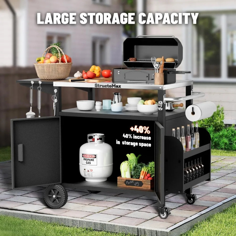 XL Outdoor Grill Cart with Cabinet, Stainless Steel Table Top, Spice Rack & Lockable Wheels for BBQ Cooking Prep