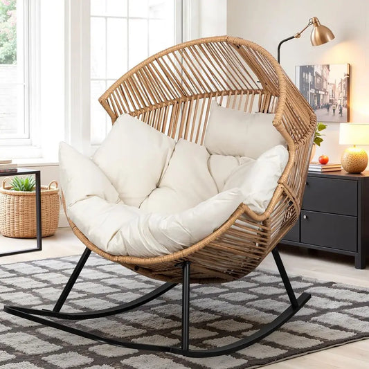 Wicker Rocking Egg Chair PE Rattan with Cushion, Oversized Patio Lounge Rocker Chair or Outdoor, Indoor, Livingroom, Backyard, G
