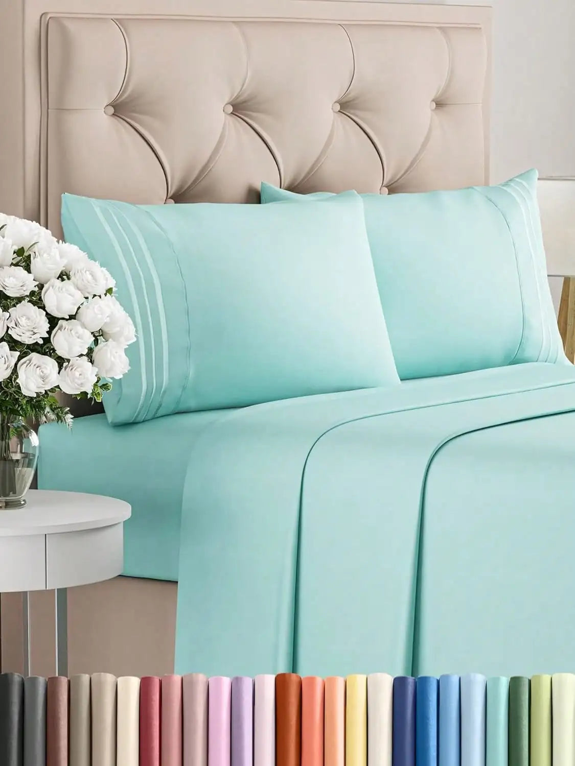 4PCS Cooling Luxury Hotel Bedding Set 15 Deep Pocket Shrink Fade Resistant Embroidered Pillowcases