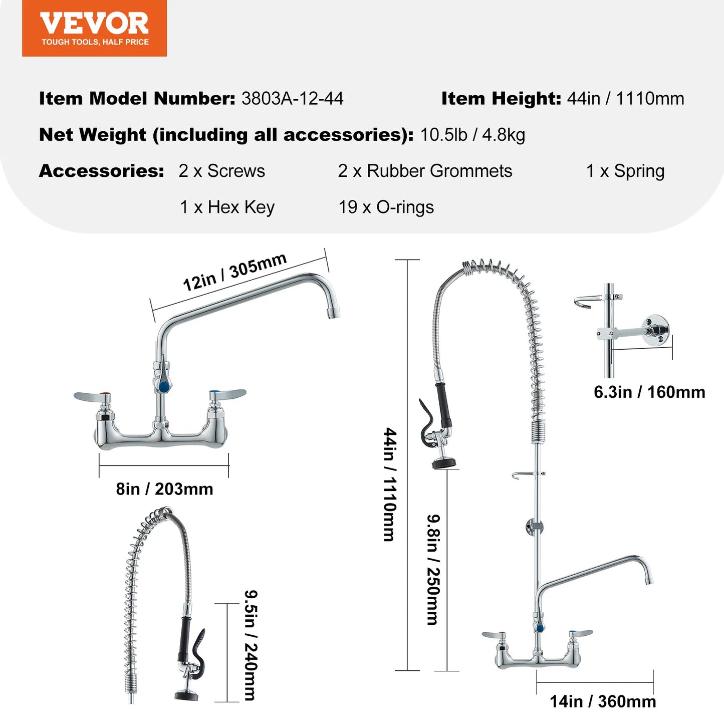 SucceBuy Commercial Faucet with Pre-Rinse Sprayer Wall Mount Kitchen Sink Faucet Brass Constructed Device with Pull Down Spray