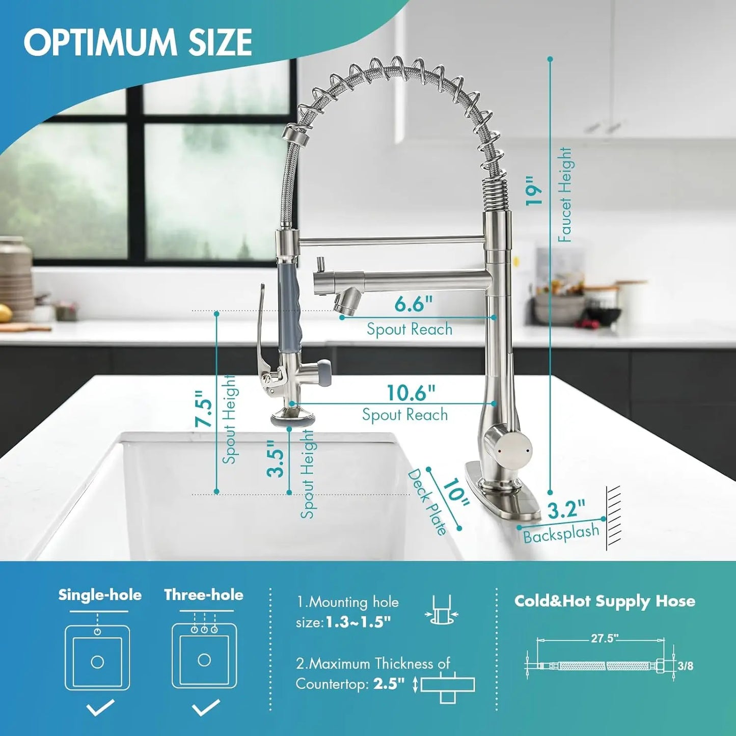 Pull Down Kitchen Faucet with Dual Spray Modes, Brushed Nickel, High Pressure, Single Handle, 360° Rotation, Stainless Steel