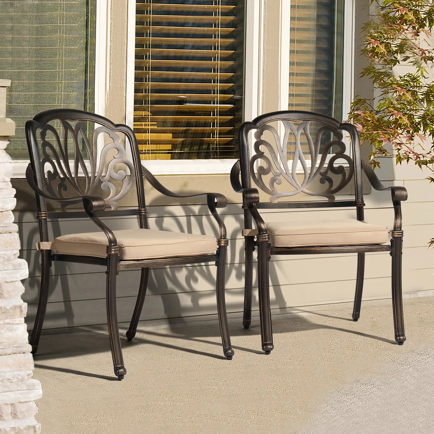 Set of 2 Cast Aluminum Patio Dining Chairs with Cushions, Stackable Outdoor Bistro Chairs for Balcony Backyard Antique Bronze