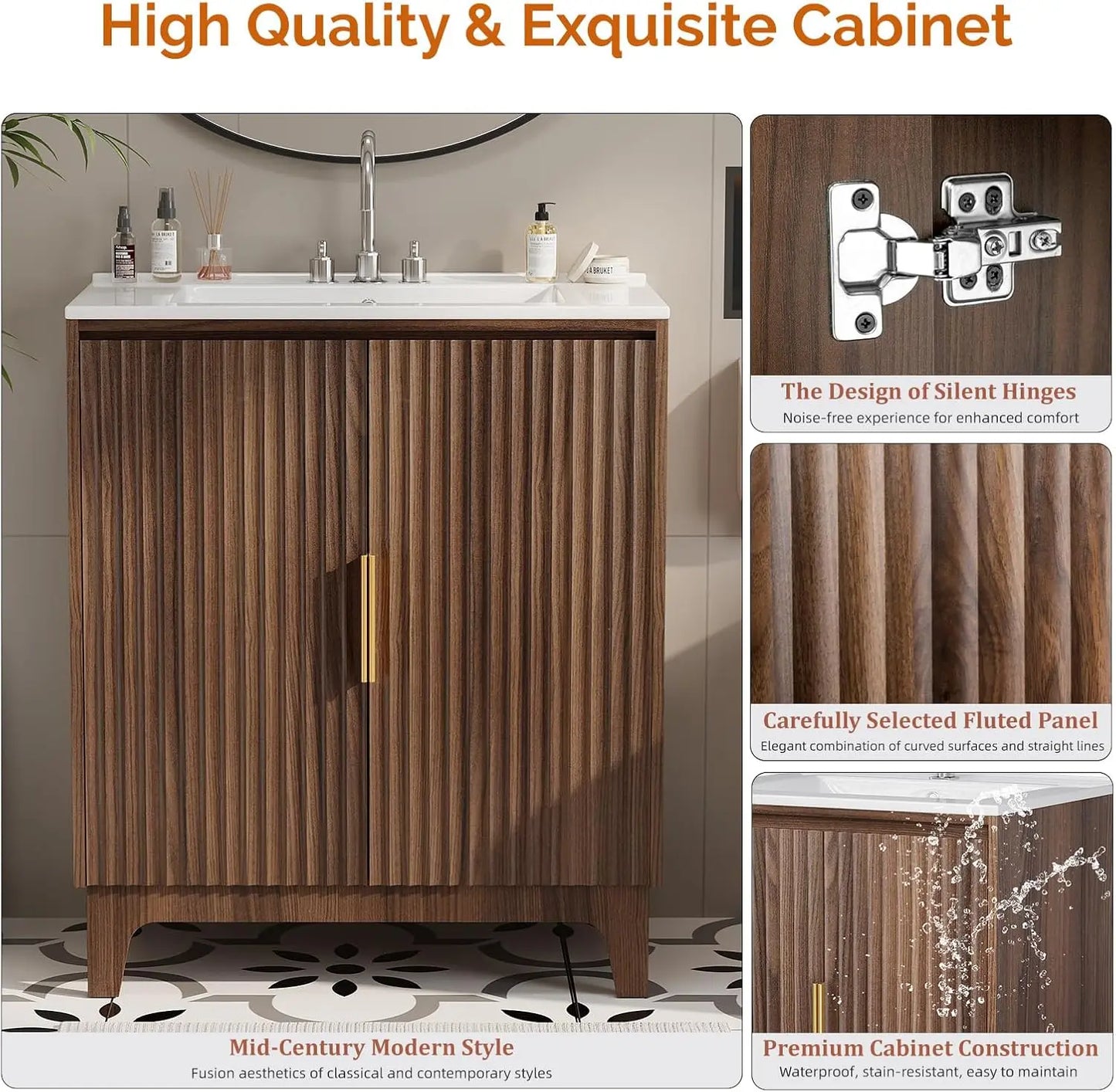 30 Inch Bathroom Vanity with Sink, Mid-Century ModernVanity with Ceramic Basin and Fluted Soft-Close Doors,U-Shape Storage Shelf