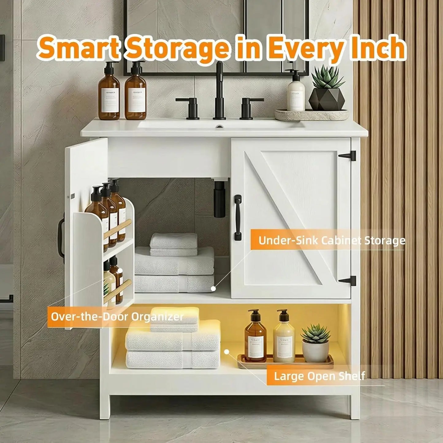 30" Bathroom Vanity with Sink, White Freestanding Vanity for Small Bathrooms, Solid Metal Hinges, Door Organizer, RGB LED Light