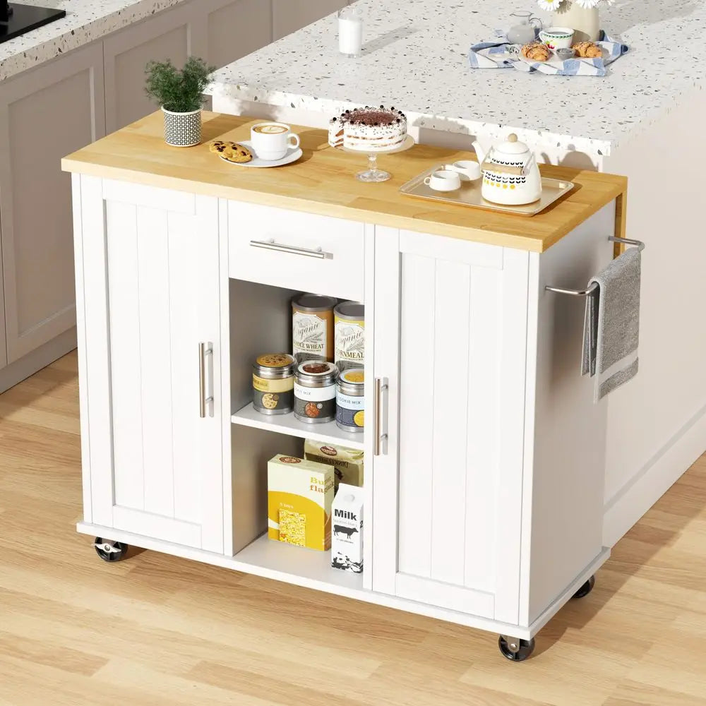 QAQA 42 Kitchen Island with Storage on Wheels, Rolling Table with Drop Leaf, Drawers, Cart Handle for Towel Rack or Free Moveme