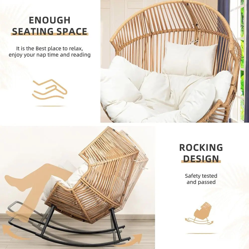 Wicker Rocking Egg Chair PE Rattan with Cushion, Oversized Patio Lounge Rocker Chair or Outdoor, Indoor, Livingroom, Backyard, G