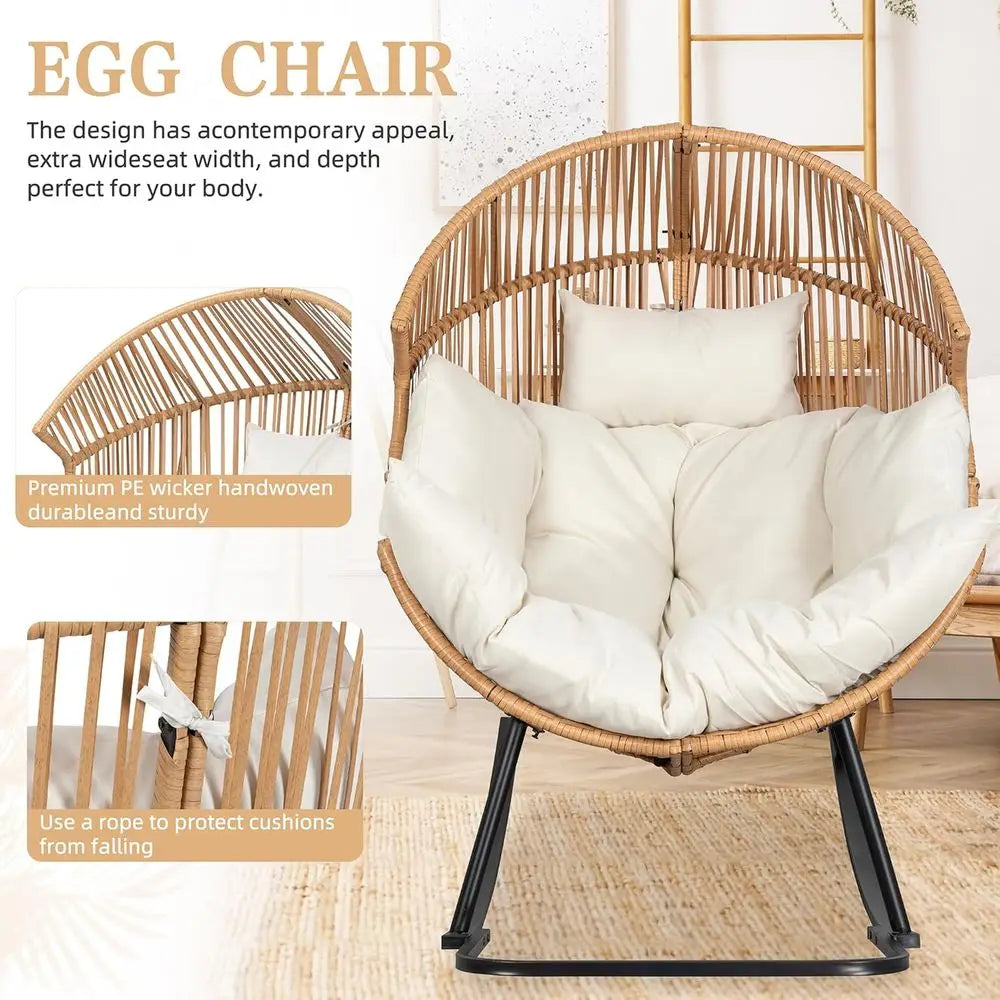 Wicker Rocking Egg Chair PE Rattan with Cushion, Oversized Patio Lounge Rocker Chair or Outdoor, Indoor, Livingroom, Backyard, G