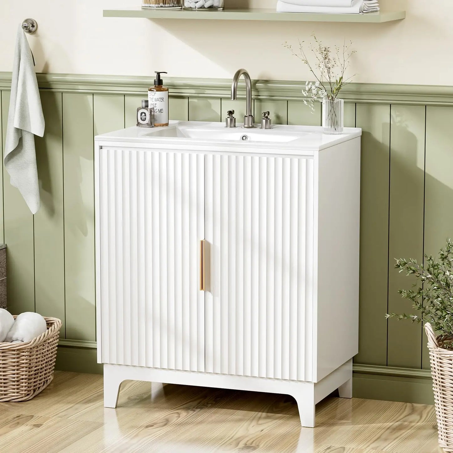 30 Inch Bathroom Vanity with Sink, Mid-Century ModernVanity with Ceramic Basin and Fluted Soft-Close Doors,U-Shape Storage Shelf