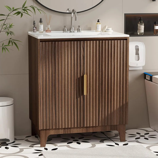 30 Inch Bathroom Vanity with Sink, Mid-Century ModernVanity with Ceramic Basin and Fluted Soft-Close Doors,U-Shape Storage Shelf