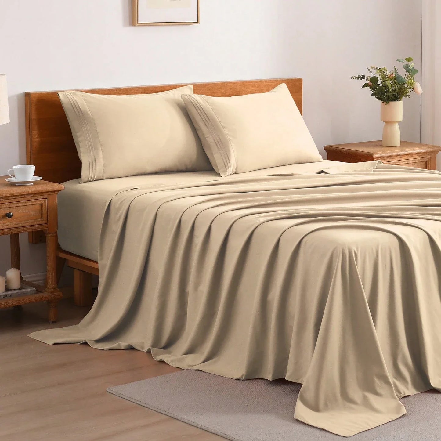 4PCS Cooling Luxury Hotel Bedding Set 15 Deep Pocket Shrink Fade Resistant Embroidered Pillowcases