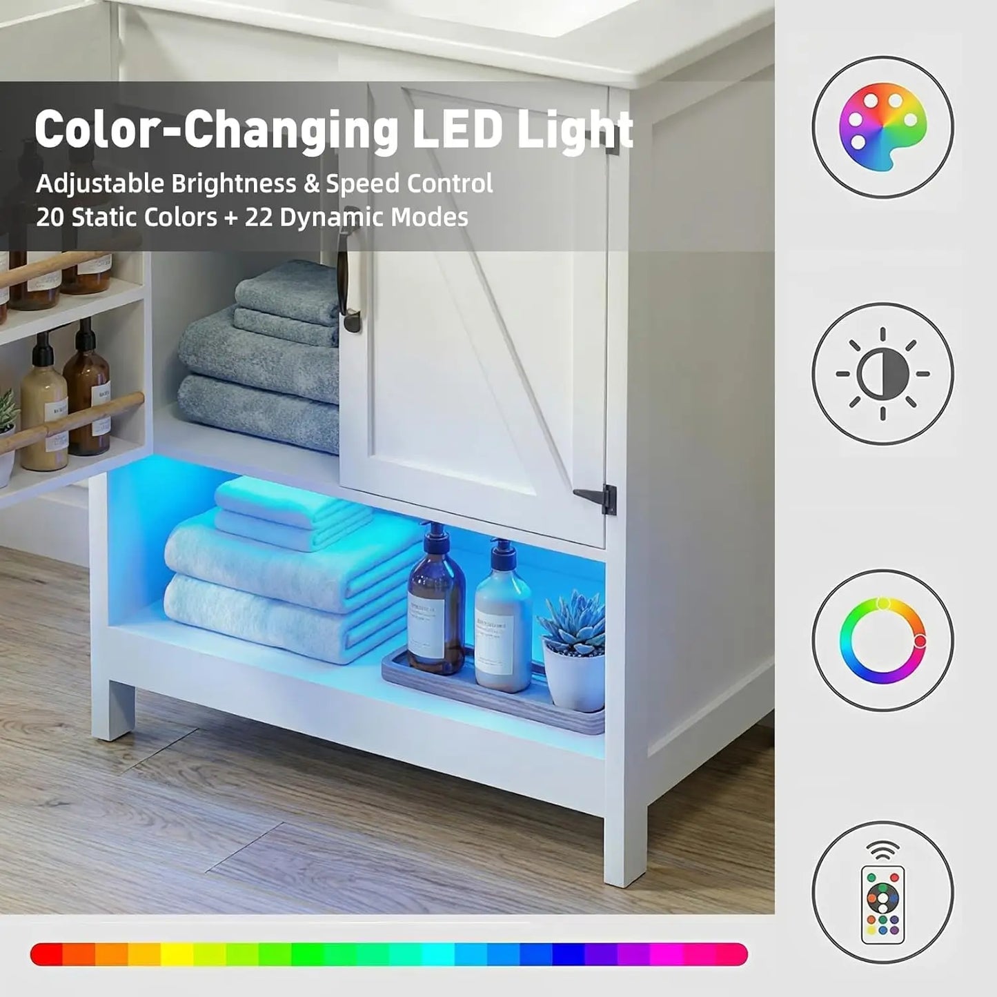 30" Bathroom Vanity with Sink, White Freestanding Vanity for Small Bathrooms, Solid Metal Hinges, Door Organizer, RGB LED Light