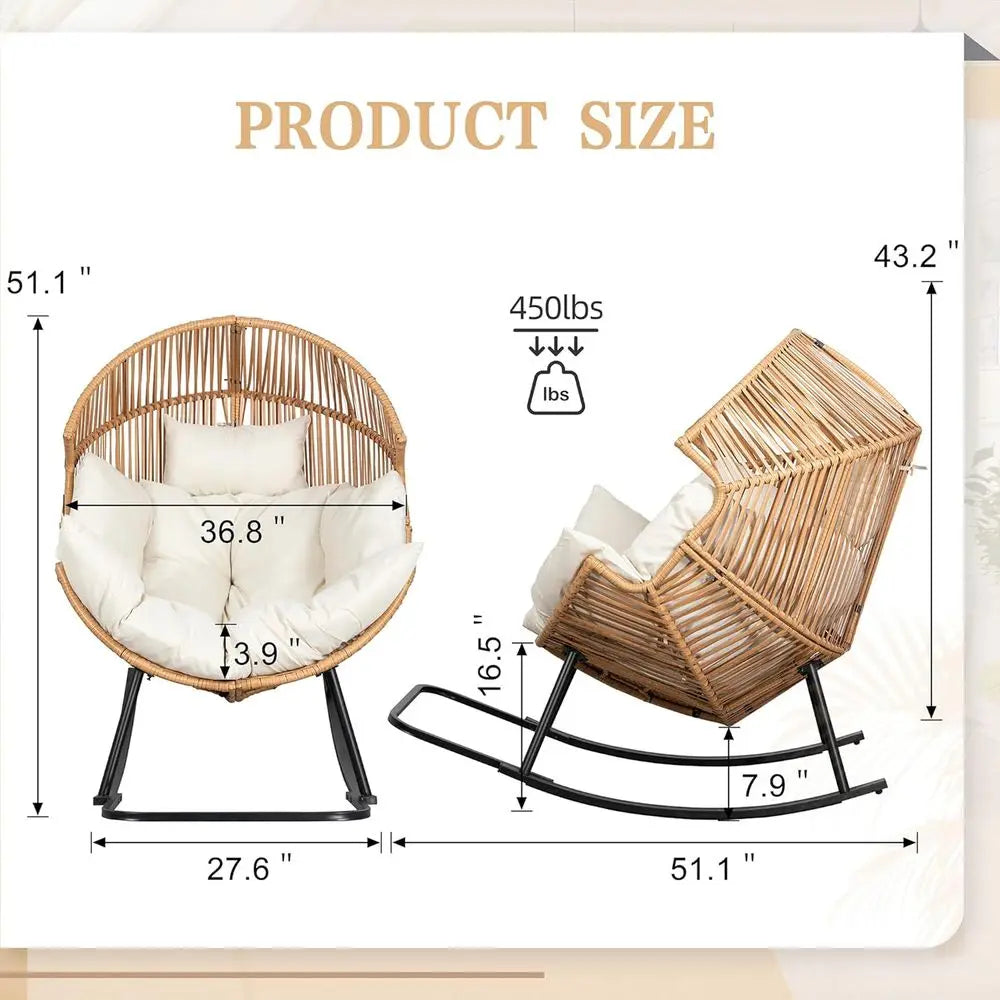 Wicker Rocking Egg Chair PE Rattan with Cushion, Oversized Patio Lounge Rocker Chair or Outdoor, Indoor, Livingroom, Backyard, G