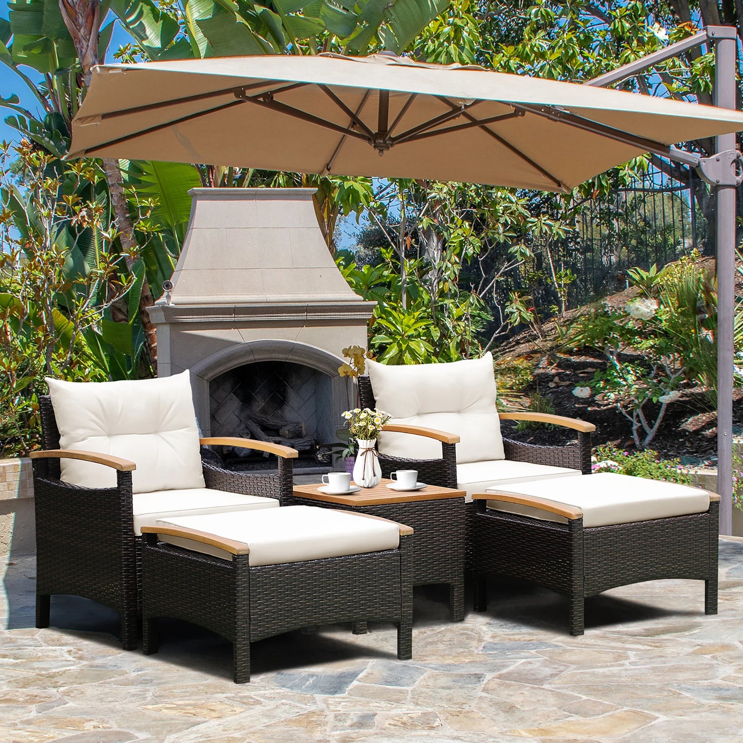 5PCS Patio Rattan Furniture Set Sofa Ottoman Cushioned Table W/Wood Top
