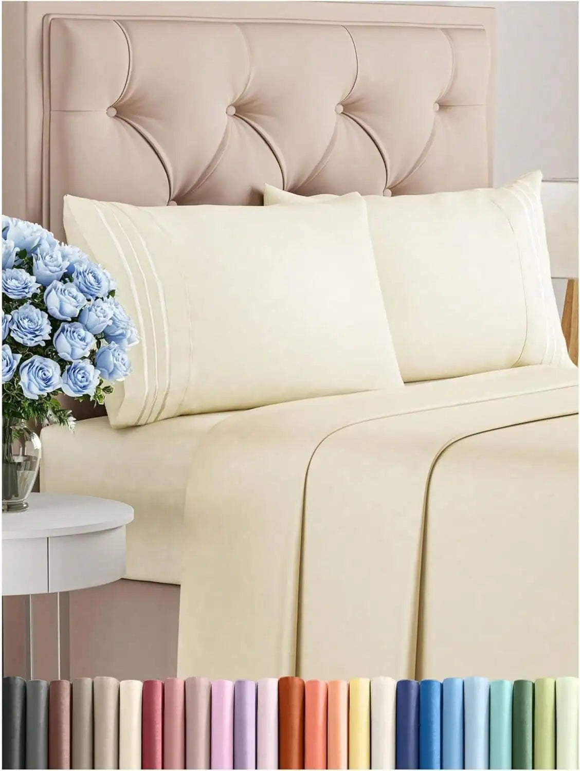 4PCS Cooling Luxury Hotel Bedding Set 15 Deep Pocket Shrink Fade Resistant Embroidered Pillowcases