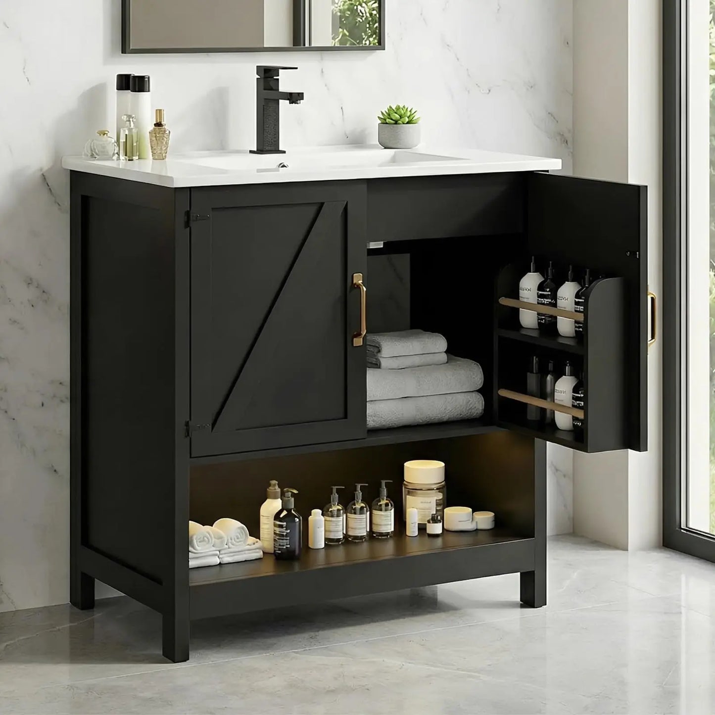 30" Bathroom Vanity with Sink, White Freestanding Vanity for Small Bathrooms, Solid Metal Hinges, Door Organizer, RGB LED Light