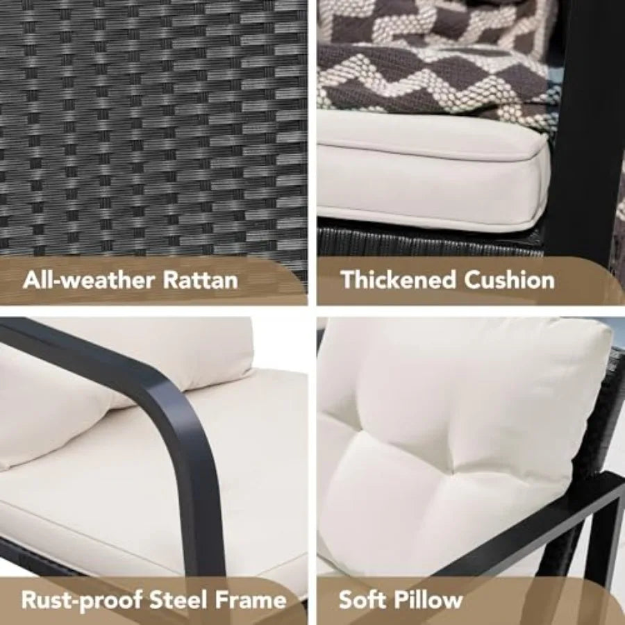 3 Piece Rocking Bistro Set for Patio, Porch Outdoor Use: Wicker Chairs + Glass Coffee Table, Beige, Weather-Resistant Comfortab