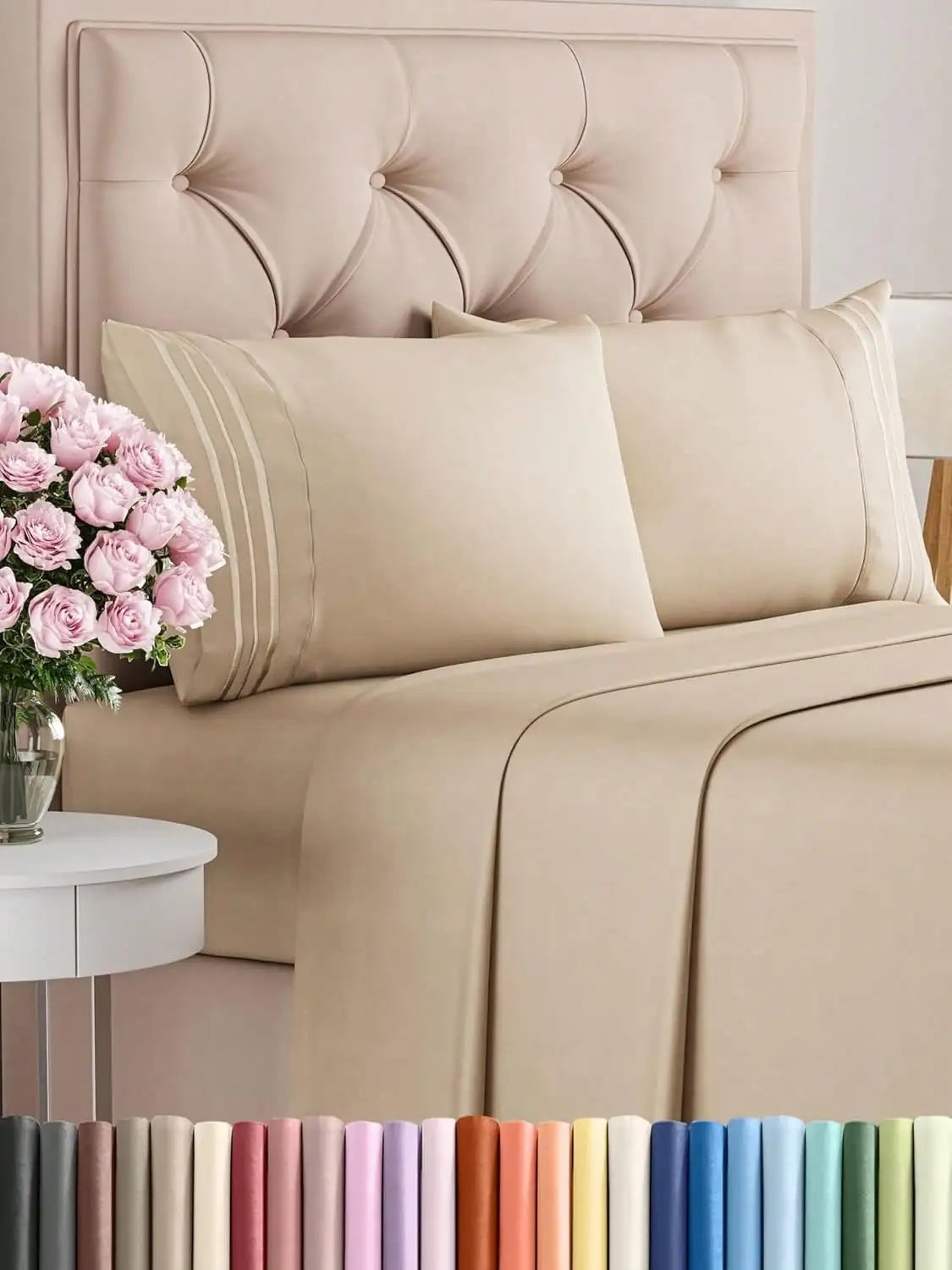 4PCS Cooling Luxury Hotel Bedding Set 15 Deep Pocket Shrink Fade Resistant Embroidered Pillowcases