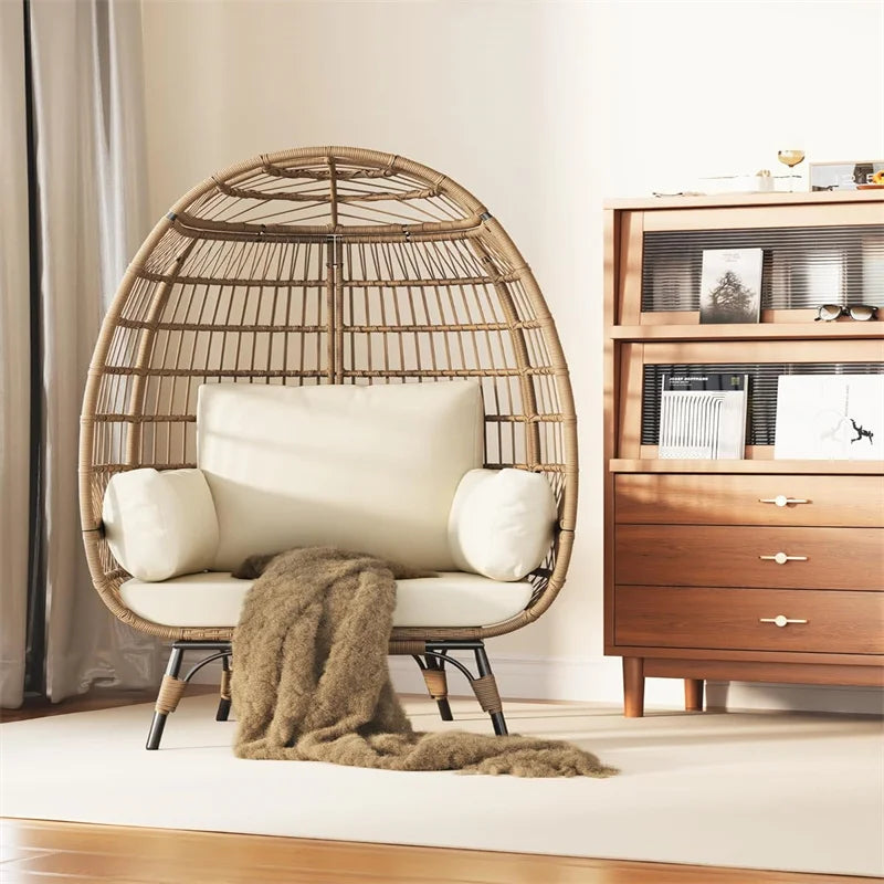 Oversized Egg Chair for Outdoor, Wicker Egg Chair with Cushions & Steel Frame, Rattan Patio Lounge Chairs for Patio, Backyard