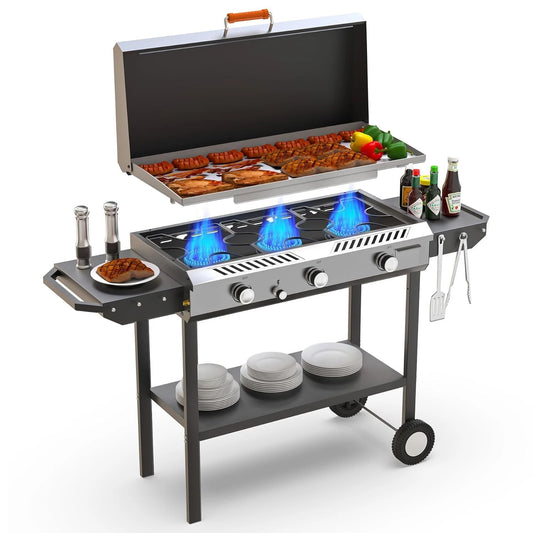 225,000 BTU Flat Top Griddle Grill with Auto Ignition Button, 3 Burner Propane Stove with Griddle, Outdoor Gas, Customized