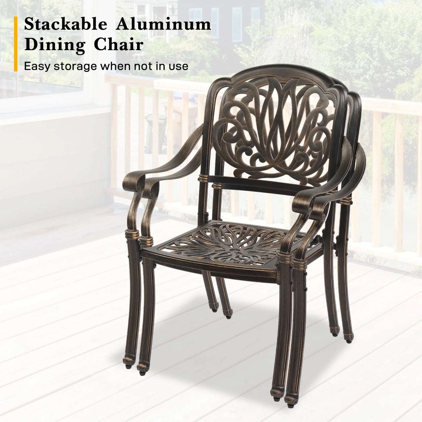 Set of 2 Cast Aluminum Patio Dining Chairs with Cushions, Stackable Outdoor Bistro Chairs for Balcony Backyard Antique Bronze