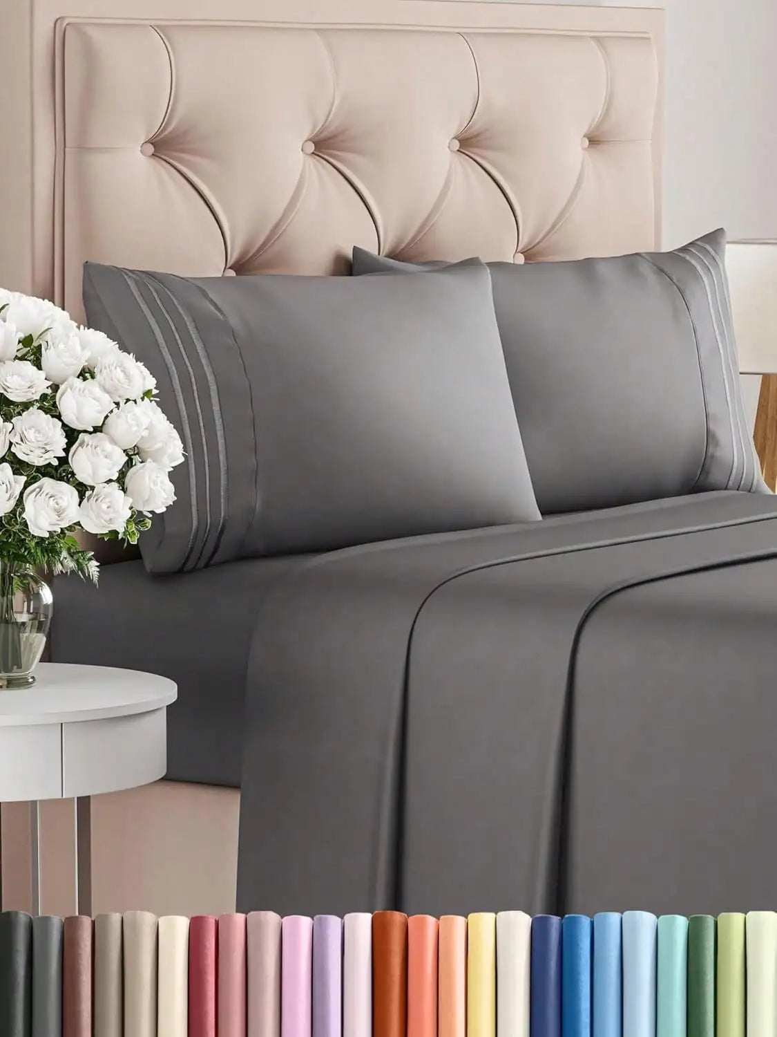 4PCS Cooling Luxury Hotel Bedding Set 15 Deep Pocket Shrink Fade Resistant Embroidered Pillowcases