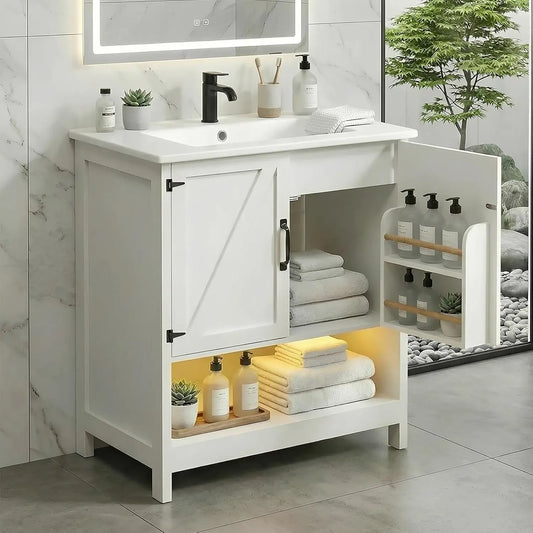 30" Bathroom Vanity with Sink, White Freestanding Vanity for Small Bathrooms, Solid Metal Hinges, Door Organizer, RGB LED Light