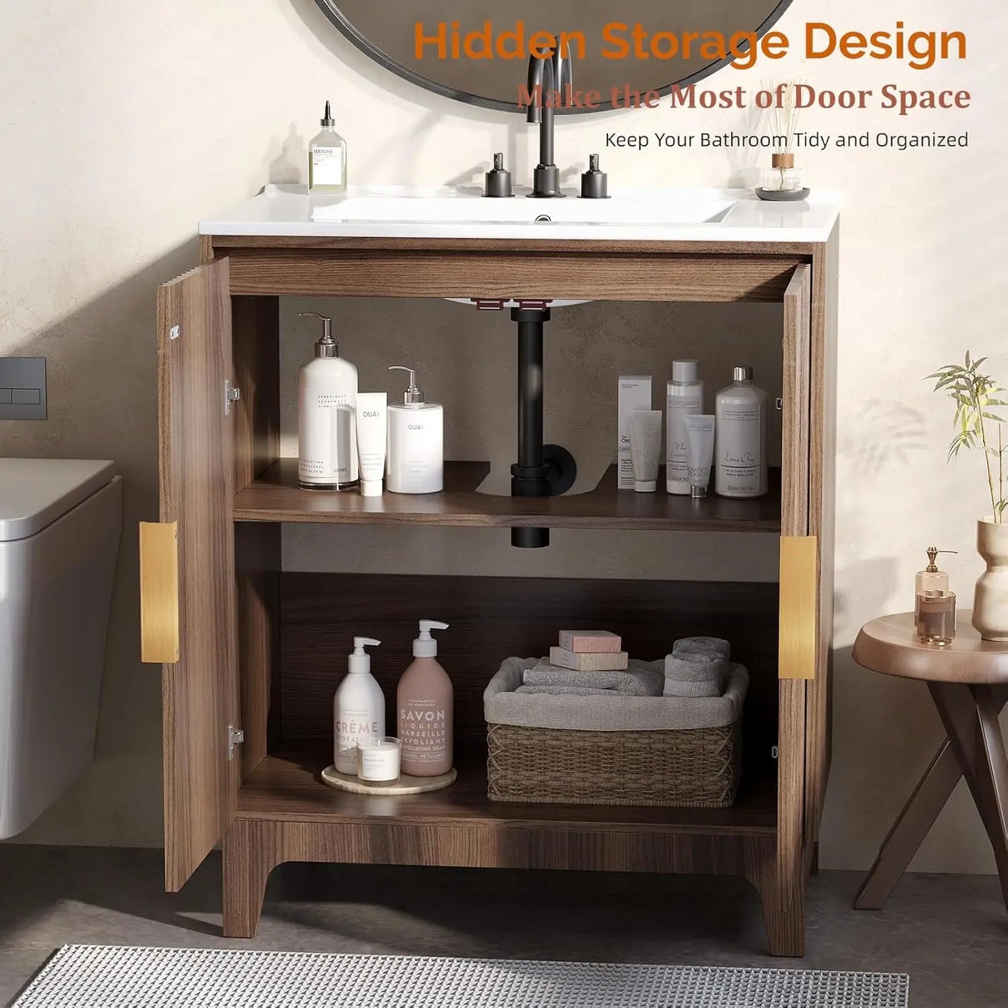 30 Inch Bathroom Vanity with Sink, Mid-Century ModernVanity with Ceramic Basin and Fluted Soft-Close Doors,U-Shape Storage Shelf