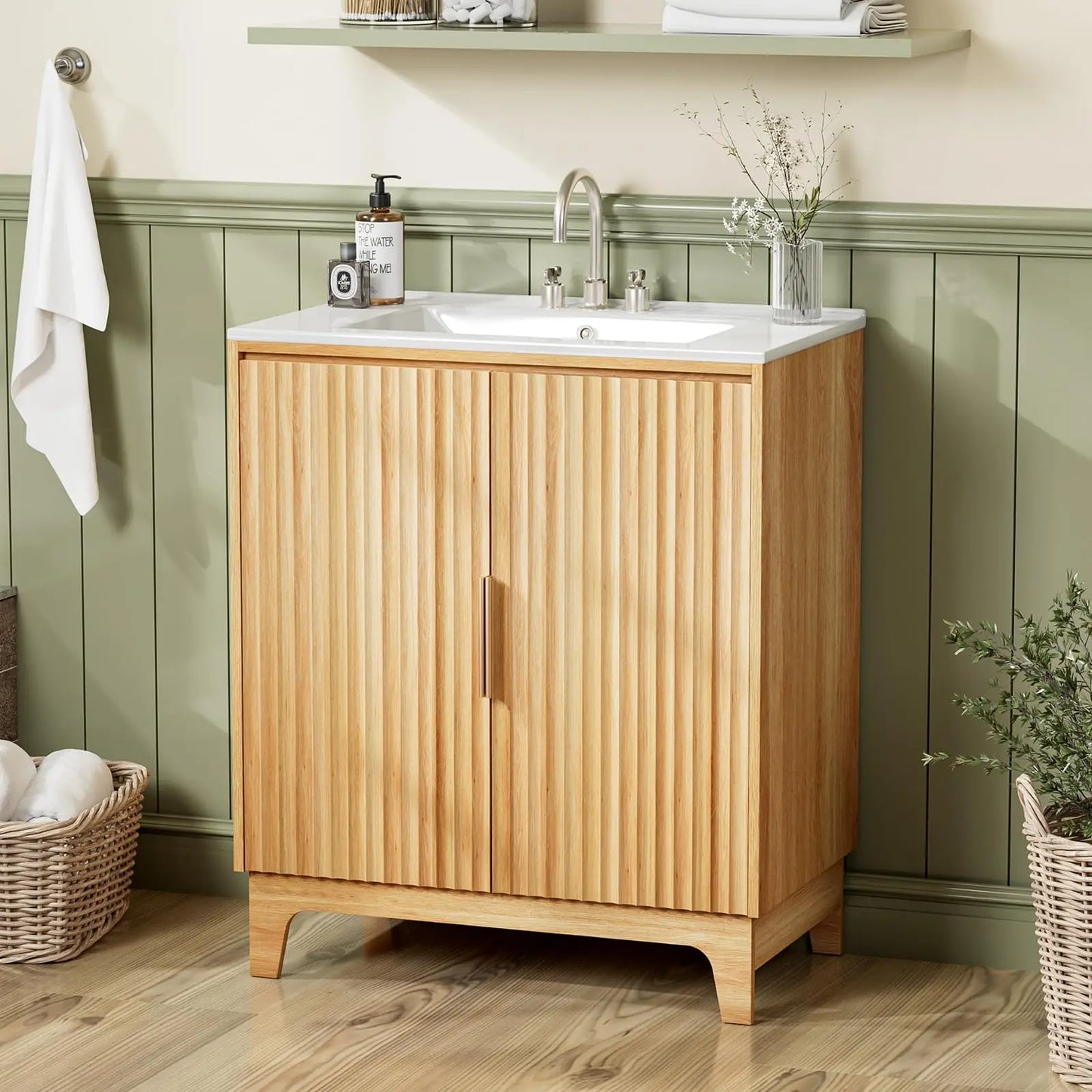 30 Inch Bathroom Vanity with Sink, Mid-Century ModernVanity with Ceramic Basin and Fluted Soft-Close Doors,U-Shape Storage Shelf