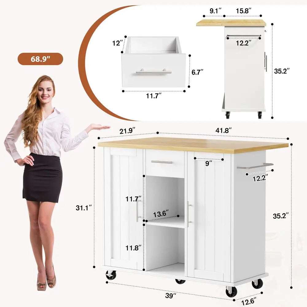 QAQA 42 Kitchen Island with Storage on Wheels, Rolling Table with Drop Leaf, Drawers, Cart Handle for Towel Rack or Free Moveme