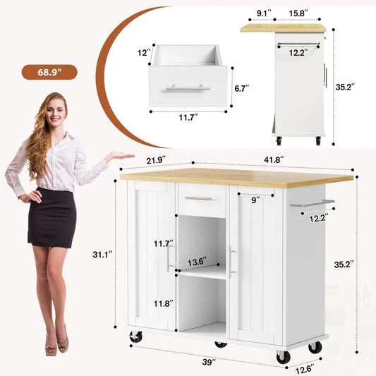 QAQA 42 Kitchen Island with Storage on Wheels, Rolling Table with Drop Leaf, Drawers, Cart Handle for Towel Rack or Free Moveme